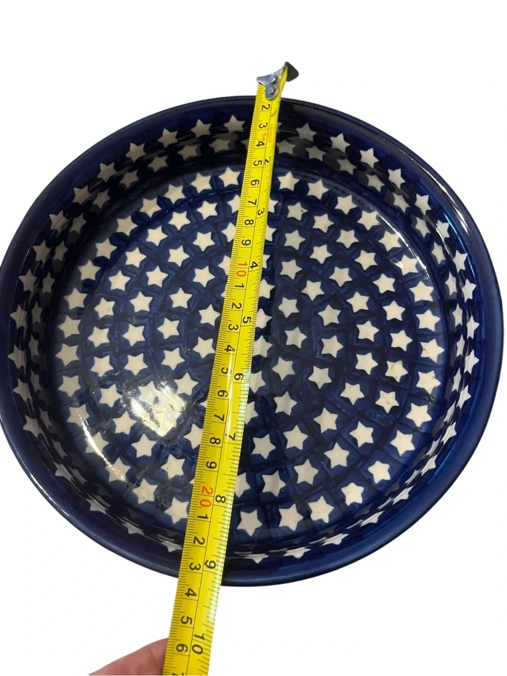 Vintage Boleslawiec Pottery Round Serving Tray with Handles: Blue Star Pattern